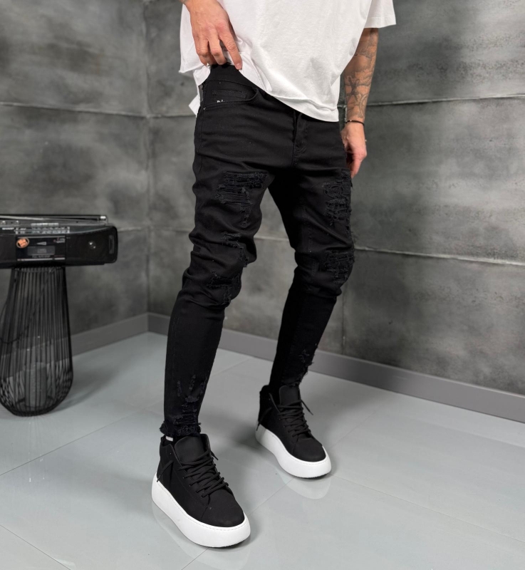 Мъжки дънки Skinny Fit BLACK SHRED SKINNY