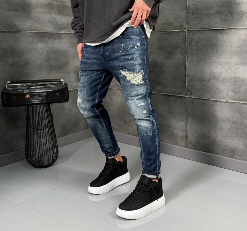 Мъжки дънки Skinny Fit Denim Blue Destroyed Fade