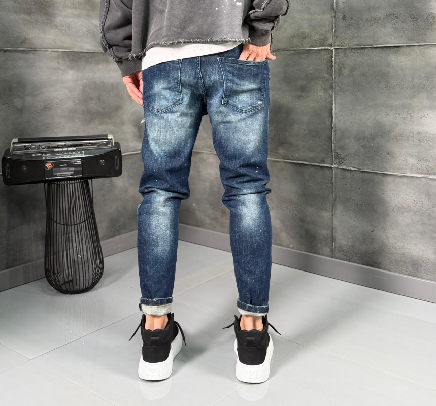 Мъжки дънки Skinny Fit Denim Blue Destroyed Fade