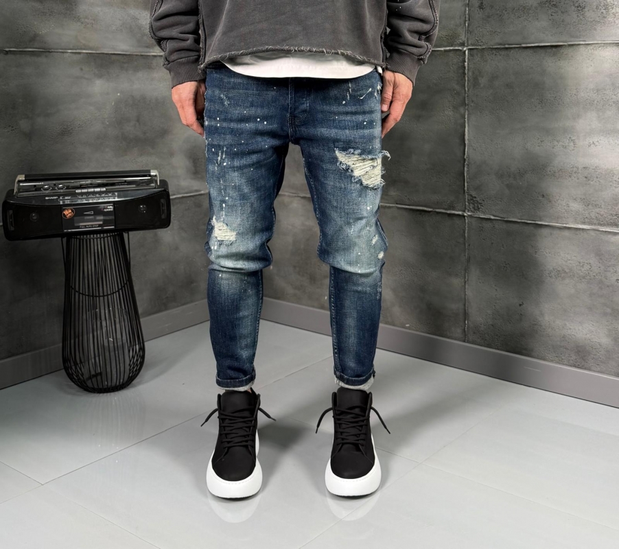 Мъжки дънки Skinny Fit Denim Blue Destroyed Fade