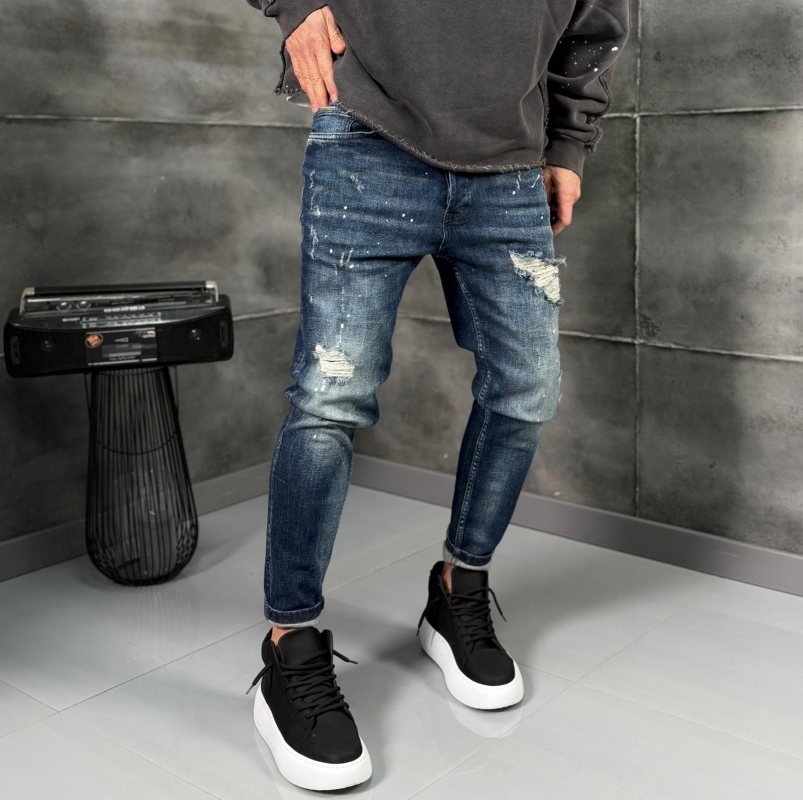 Мъжки дънки Skinny Fit Denim Blue Destroyed Fade
